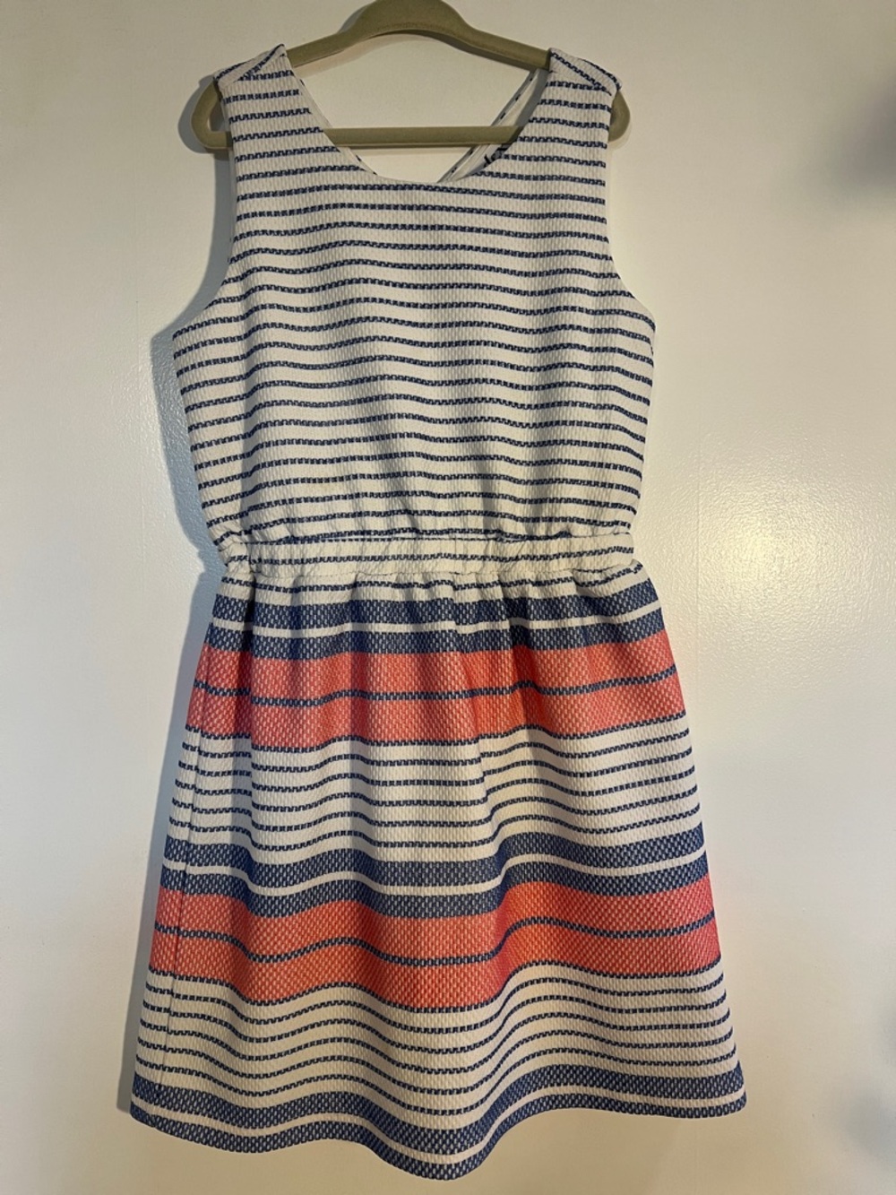 Dex Girls Sleeveless Striped Dress in White, Navy & Coral